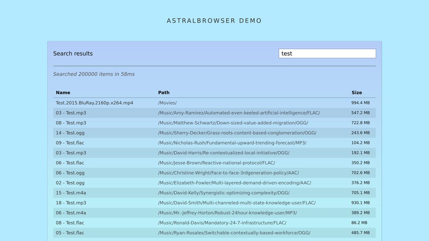 The demo UI showing some results -- 200,000 searched in 58ms