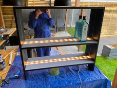 Testing lighting after diffuser shelves + mirrors installed