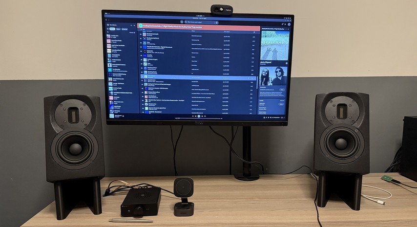 Listening setup, with some parametric stands to angle the tweeters to my ears