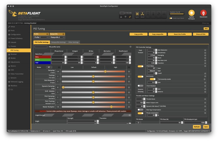 Betaflight PID tuning (PID profile) page