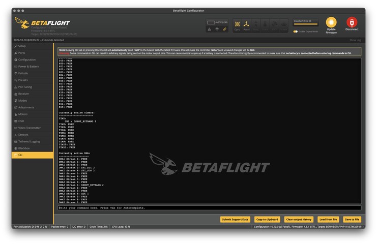 CLI showing timer and DMA mappings