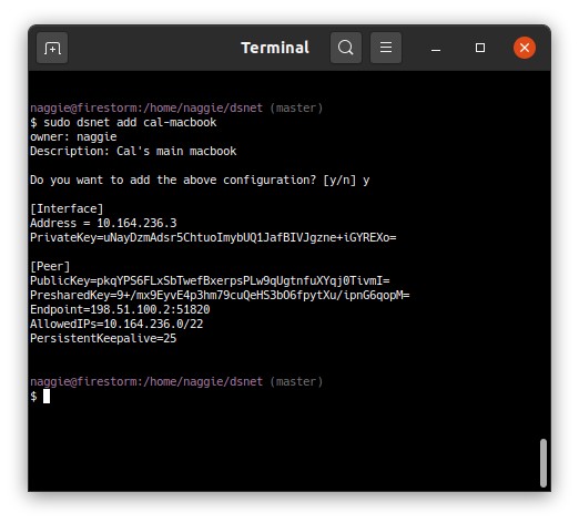 dsnet add command and generated config. Note the questions are echoed to stderr such that redirecting the output to a file will omit the questions.